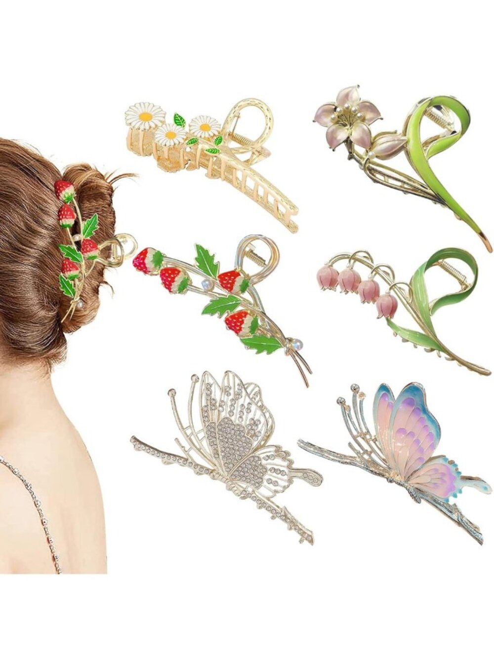 6 Large Butterfly Hair Claw Clips for Women - Strong Hold, Stylish Floral Design